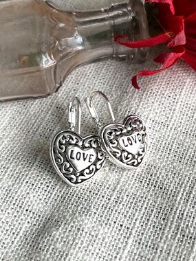 Silver Tone Heart Earrings with 'LOVE' Engraving, 1” Dangles